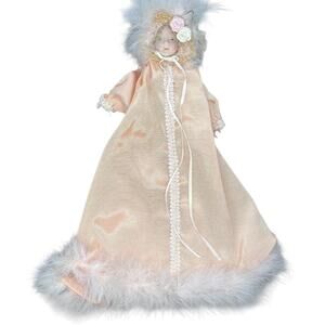 Porcelain Doll in Blush Striped Gown with Fur Trim